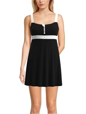 Lands' End Women's Black White Zip Front Swim Dress 1pc Swimsuit Size XS.